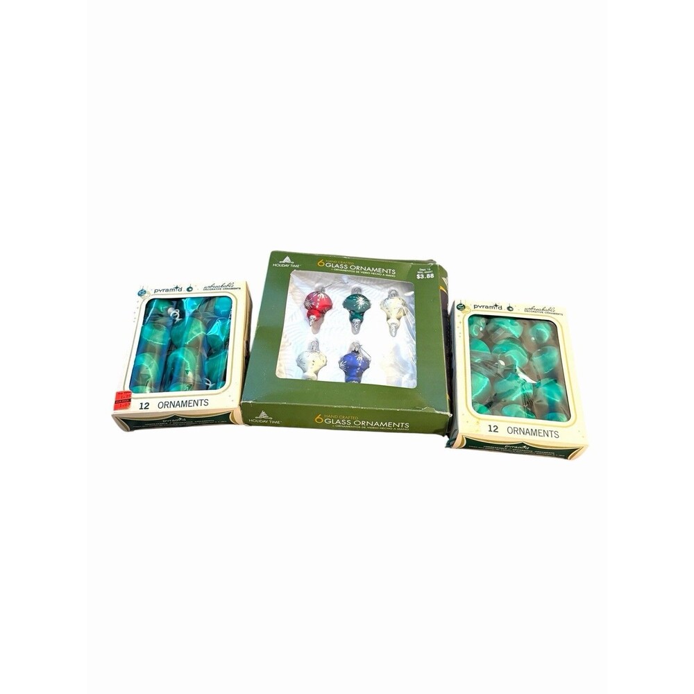 3 Vtg Boxes Pyramid Unbreakable Green & Holiday Time Glass Ornaments